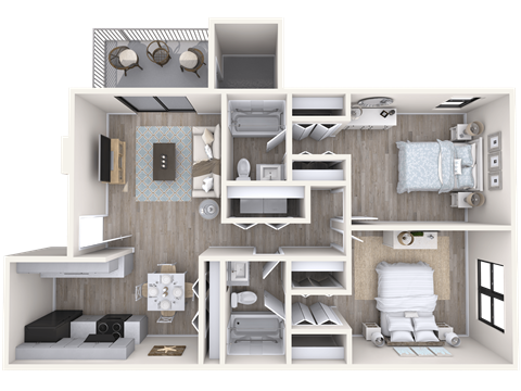 Floor plan for 2 beds, 2 baths, 950 sqft